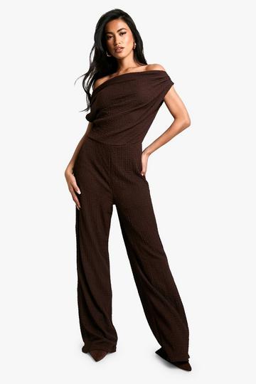 Ruched Shoulder Textured Wide Leg Jumpsuit chocolate