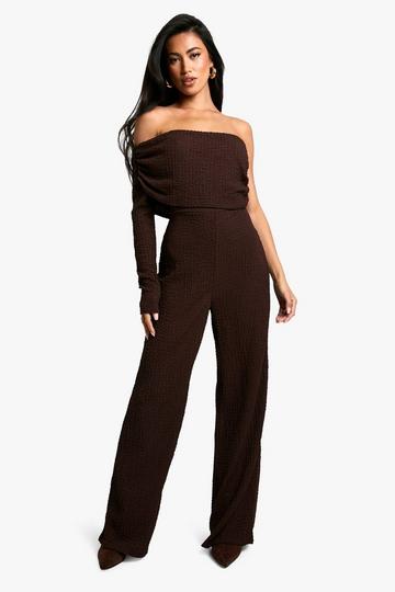 One Shoulder Wide Leg Textured Jumpsuit chocolate