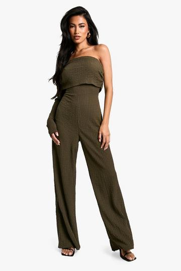 Wide Leg Jumpsuit Met Eén Blote Schouder En Textuur khaki