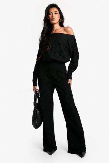 Black Cold Shoulder Wide Leg Textured Jumpsuit