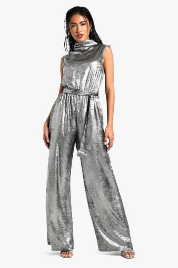 Metallic Tie Waist Cap Sleeve Jumpsuit grey