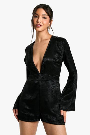 Metallic V Neck Long Sleeve Playsuit black