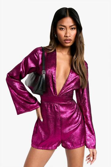 Metallic V Neck Long Sleeve Playsuit pink