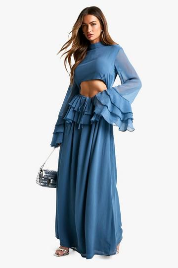 Crinkle Chiffon Ruffle Flare Sleeve Maxi Dress slate blue