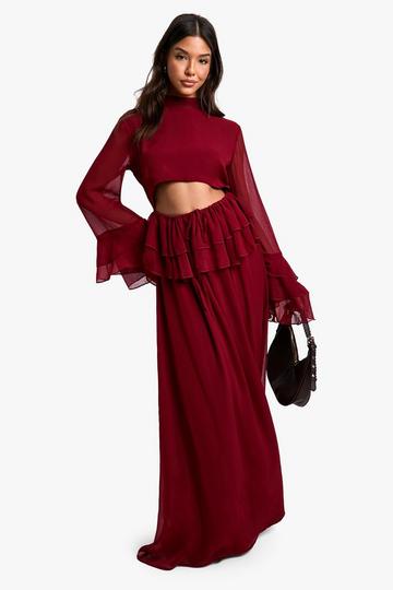 Burgundy Red Crinkle Chiffon Ruffle Flare Sleeve Maxi Dress