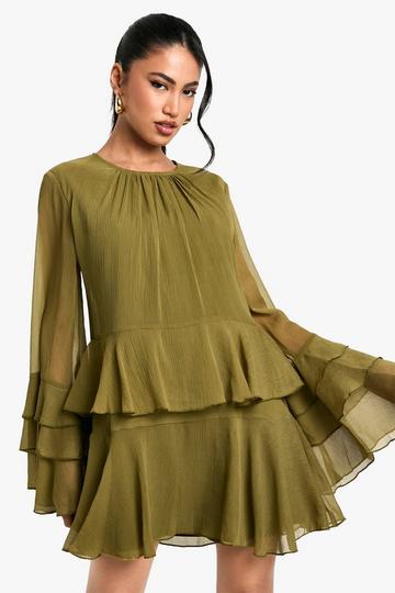 Gekreukelde Chiffon Mini Jurk Met Ruches En Wijde Mouwen olive