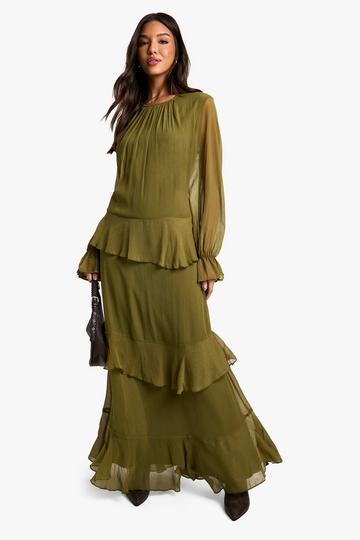 Olive Green Crinkle Chiffon Ruffle Blouson Maxi Dress