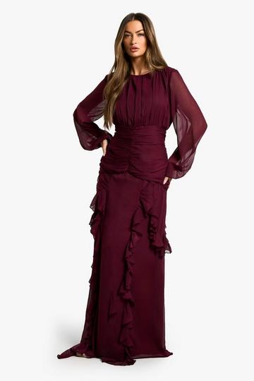 Crinkle Chiffon Ruffle Maxi Dress merlot