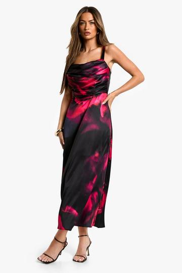 Floral Satin Corset Midaxi Dress black