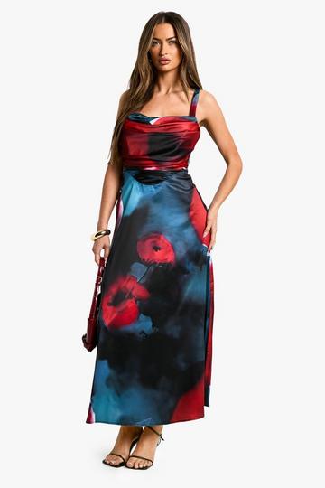 Floral Satin Corset Midaxi Dress black