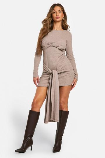 Brushed Rib Tie Long Sleeve Mini Dress taupe