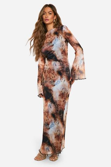 Brown Blur Print Scoop Back Maxi Dress