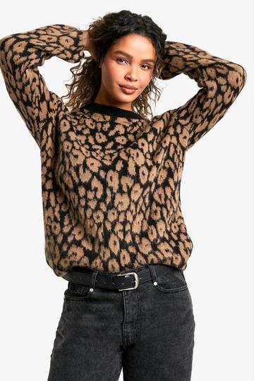 Oversized Geborstelde Gebreide Luipaardprint Trui Met Crewneck leopard