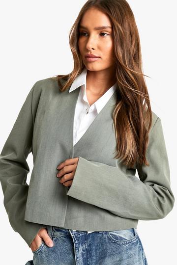 Grey Collarless Woven Cropped Blazer