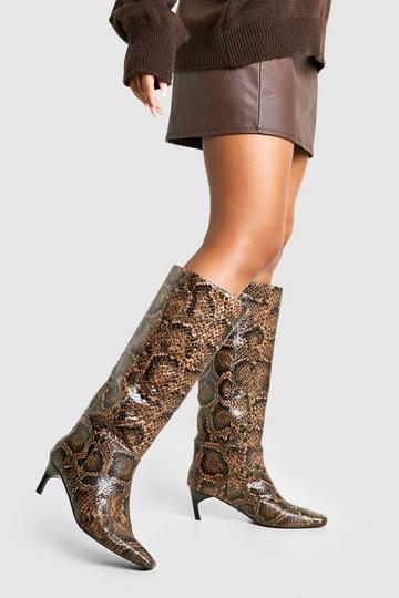 Snake Print Low Square Toe Knee High Boots snake