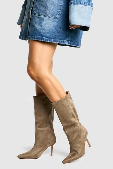 Grey Faux Suede Stiletto Calf High Boots