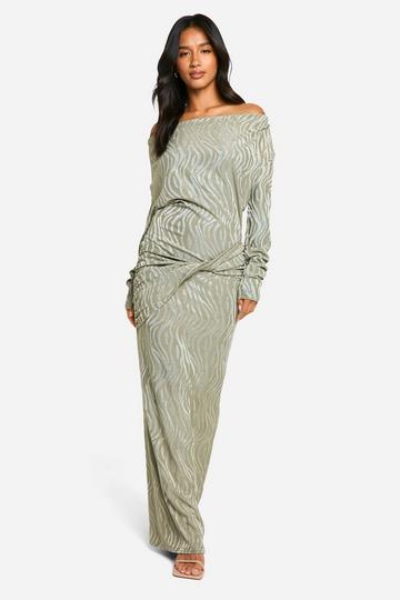 Olive Green Petite Animal Jacquard Drape Detail Maxi Dress