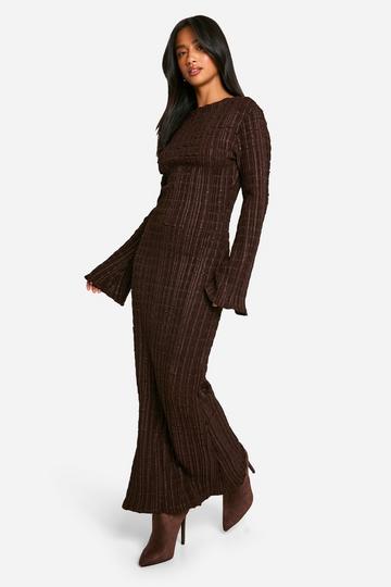 Petite Crinkle Texture Flare Sleeve Column Maxi Dress chocolate