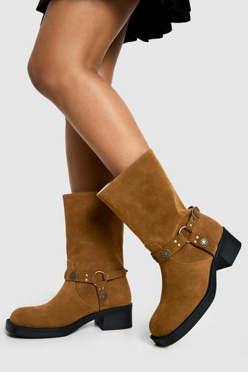 Brown Wide Fit Faux Suede Western Style Buckle Detail Boots