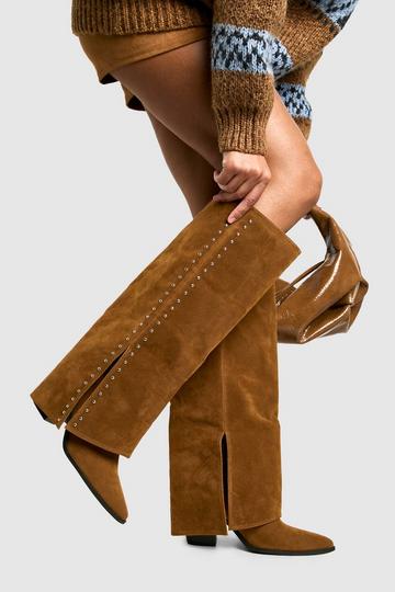 Faux Suede Studded Detail Fold Over Distressed Western Boot brown