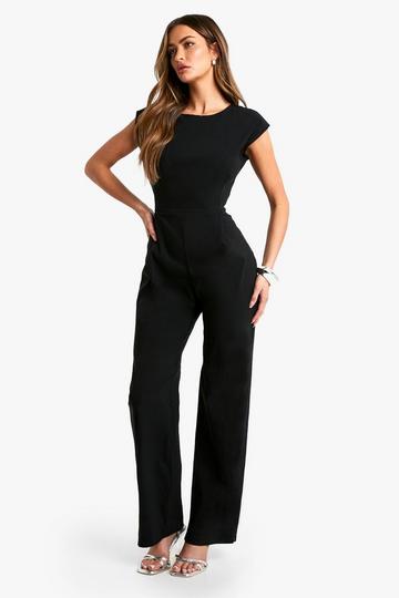 Black Tailored Shoulder Pad Bengaline Wide Leg Jumpsuit