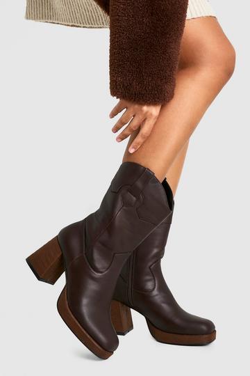 Brown Platform Wooden Heel Detail Ankle Boot