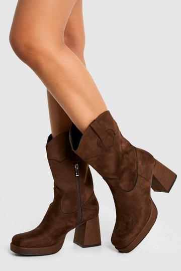 Brown Faux Suede Platform Wooden Heel Detail Ankle Boot