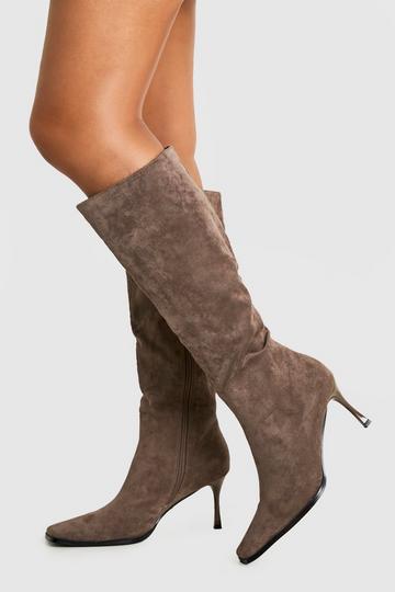 Faux Suede Pointed Toe Heeled Knee High Boots grey