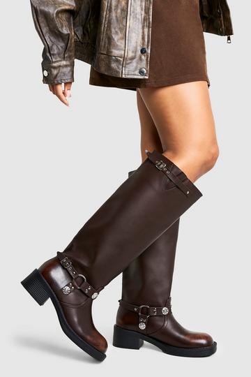 Wide Fit Western Style Buckle Detail Knee High Boots brown