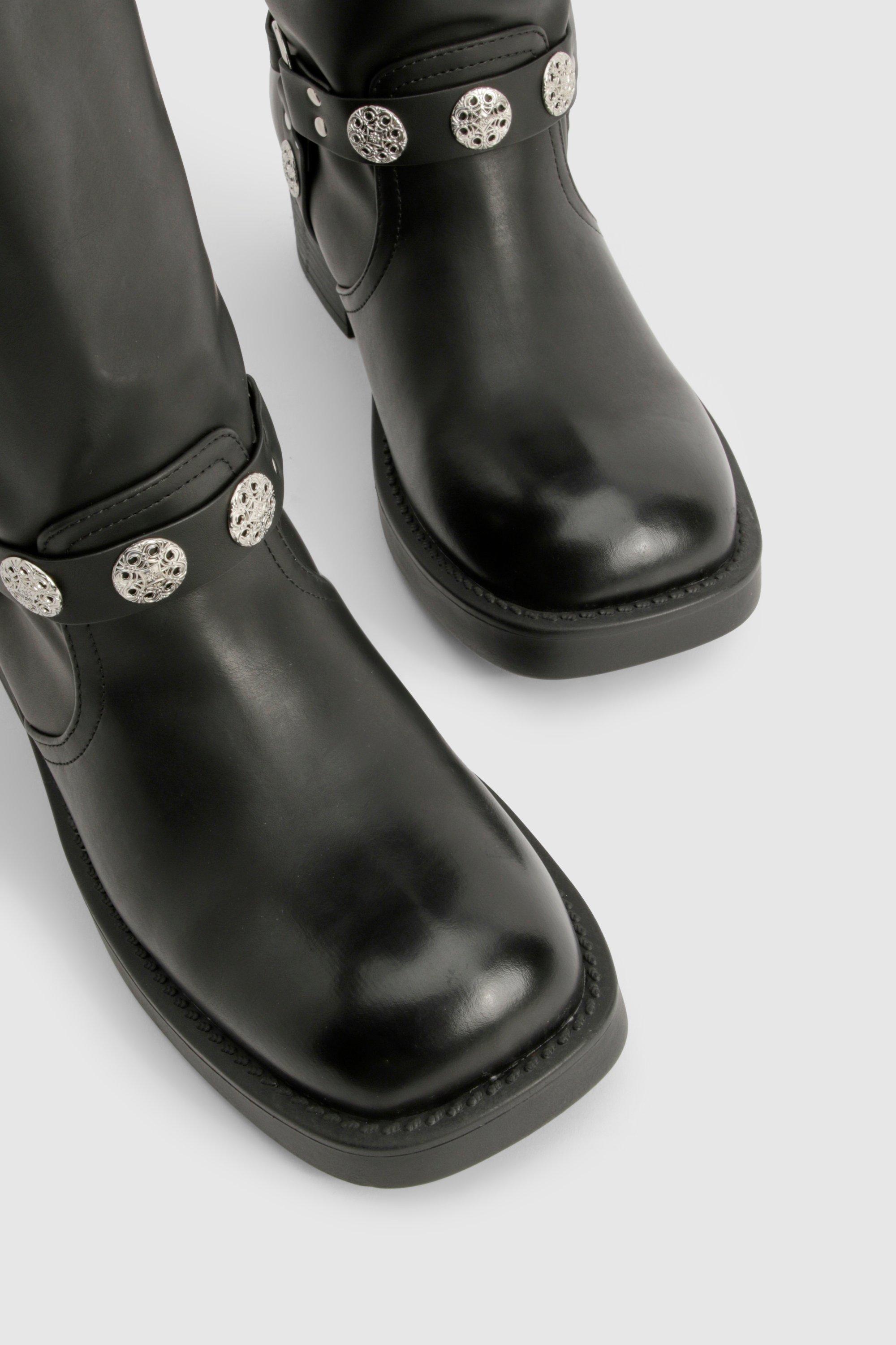 Wide Width Western Style Buckle Detail Knee High Boots