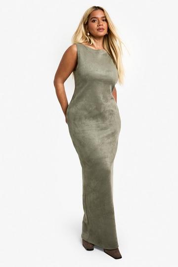 Plus Suede Boat Neck Column Maxi Dress khaki