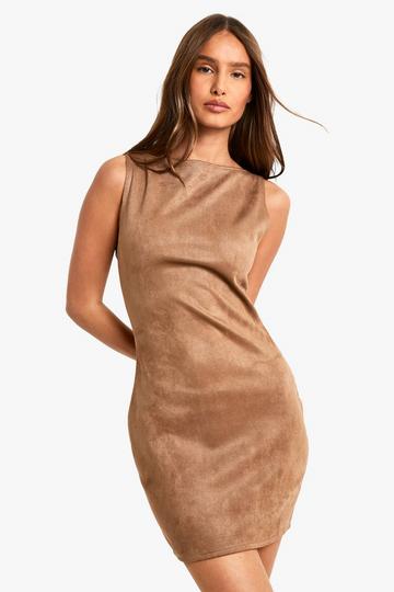 Faux Suede Slash Neck Mini Dress beige