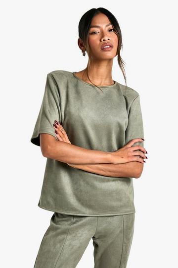 Suede Oversized Fit Shoulder Pad T-shirt khaki