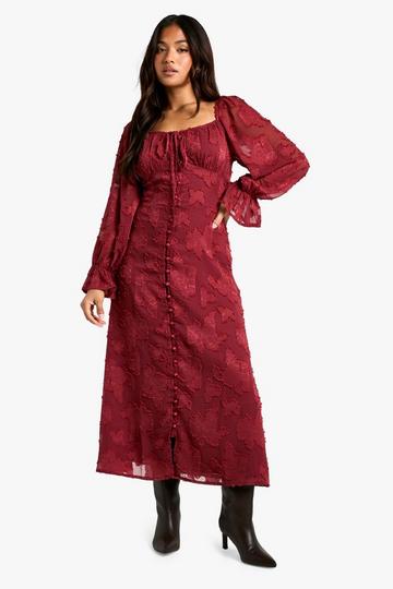 Petite Tie Detail Burnout Long Sleeve Midaxi Dress berry