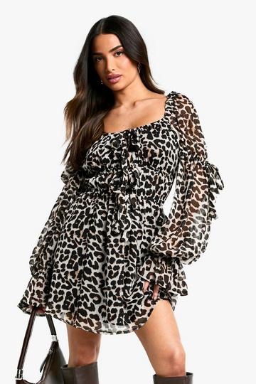 Petite Leopard Chiffon Ruffle Mini Dress brown