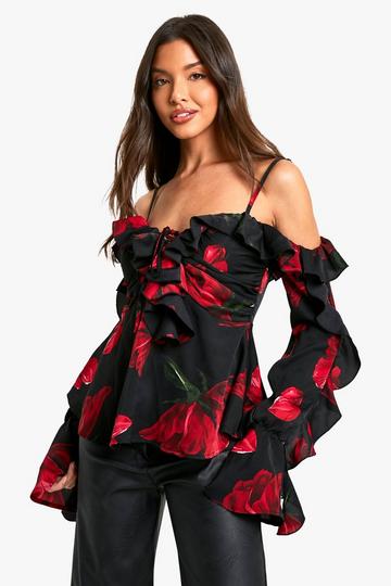 Rose Floral Print Off Shoulder Ruffle Blouse black