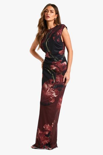 Large Floral Printed Mesh Maxi Dress black