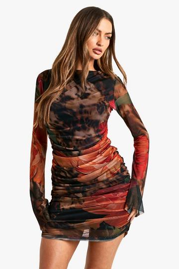 Large Floral Printed Mesh Long Sleeve Mini Dress brown