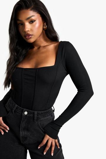 Geribbelde Bodysuit Met Korset Detail black