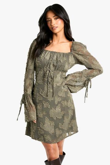 Olive Green Petite Burnout Floral Flare Sleeve Shift Dress