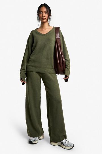 Soft Knit V Neck Wide Leg Knitted Co-ord khaki