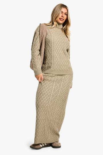 Cable Roll Neck Jumper And Maxi Skirt Knitted Co-ord beige