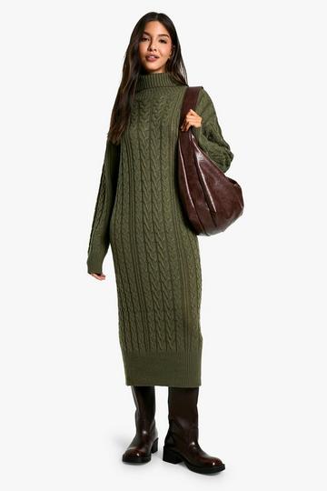 Olive Green Cable Knit Roll Neck Midi Dress