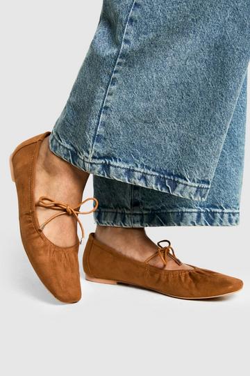 Tan Brown Ruched Tie Ballet Flats