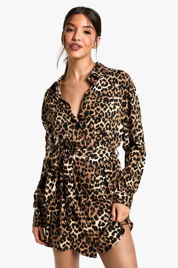 Leopard Batwing Belted Shirt Dress brown