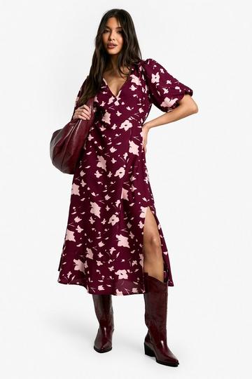 Blur Floral Print Midaxi Dress wine