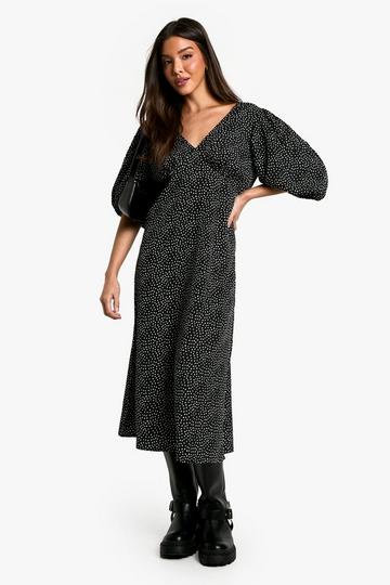 Polka Dot Puff Sleeve Tie Back Midi Dress black