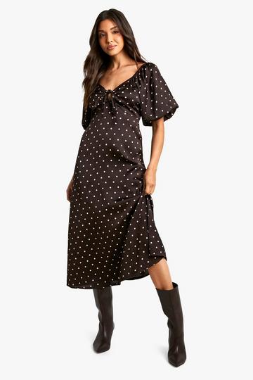 Polka Dot Satin Puff Sleeve Midaxi Dress brown