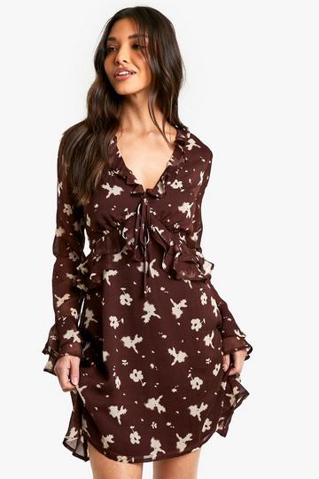 Floral Ruffle Sleeve Mini Dress brown