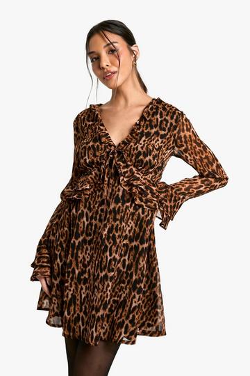 Leopard Ruffle Sleeve Mini Dress brown